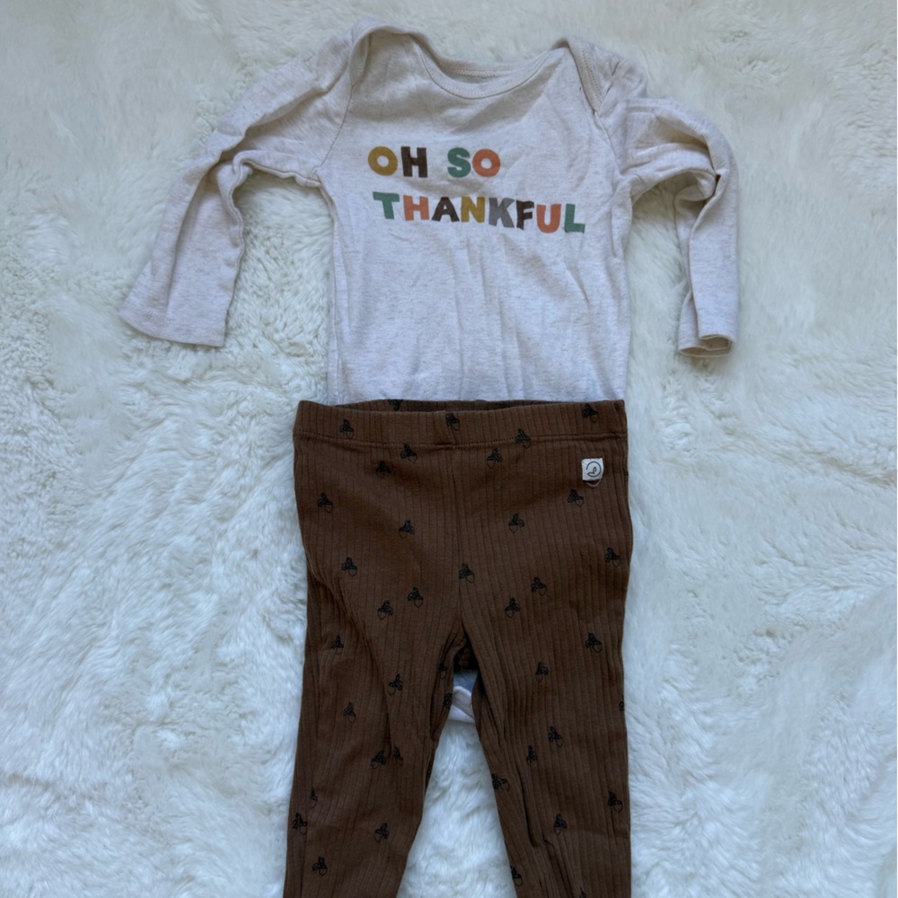 Kids Matching Set - Thankful Print Cream and Brown Outfit